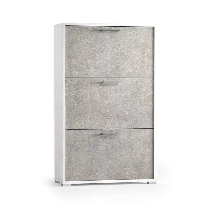 Scarpiera Peonia, Mobile multiuso da ingresso con 3 ante a ribalta, Armadietto portascarpe a doppia profondità, Made in Italy, Cm 67x28h112, Bianco e Cemento