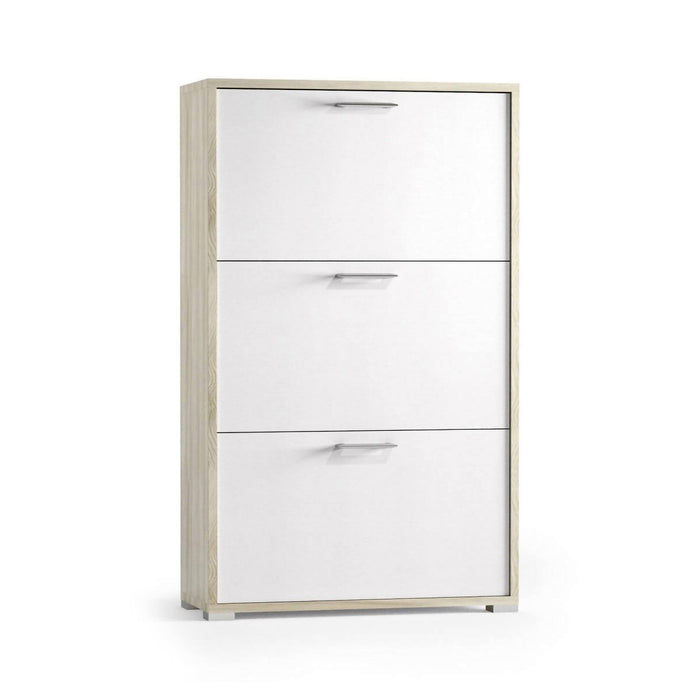 Scarpiera Peonia, Mobile multiuso da ingresso con 3 ante a ribalta, Armadietto portascarpe a doppia profondità, Made in Italy, Cm 67x28h112, Bianco e Olmo