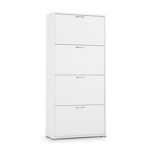 Scarpiera Rosa, Mobile multiuso da ingresso con 4 ante a ribalta, Armadietto portascarpe a doppia profondità, Made in Italy, Cm 67x28h147, Bianco