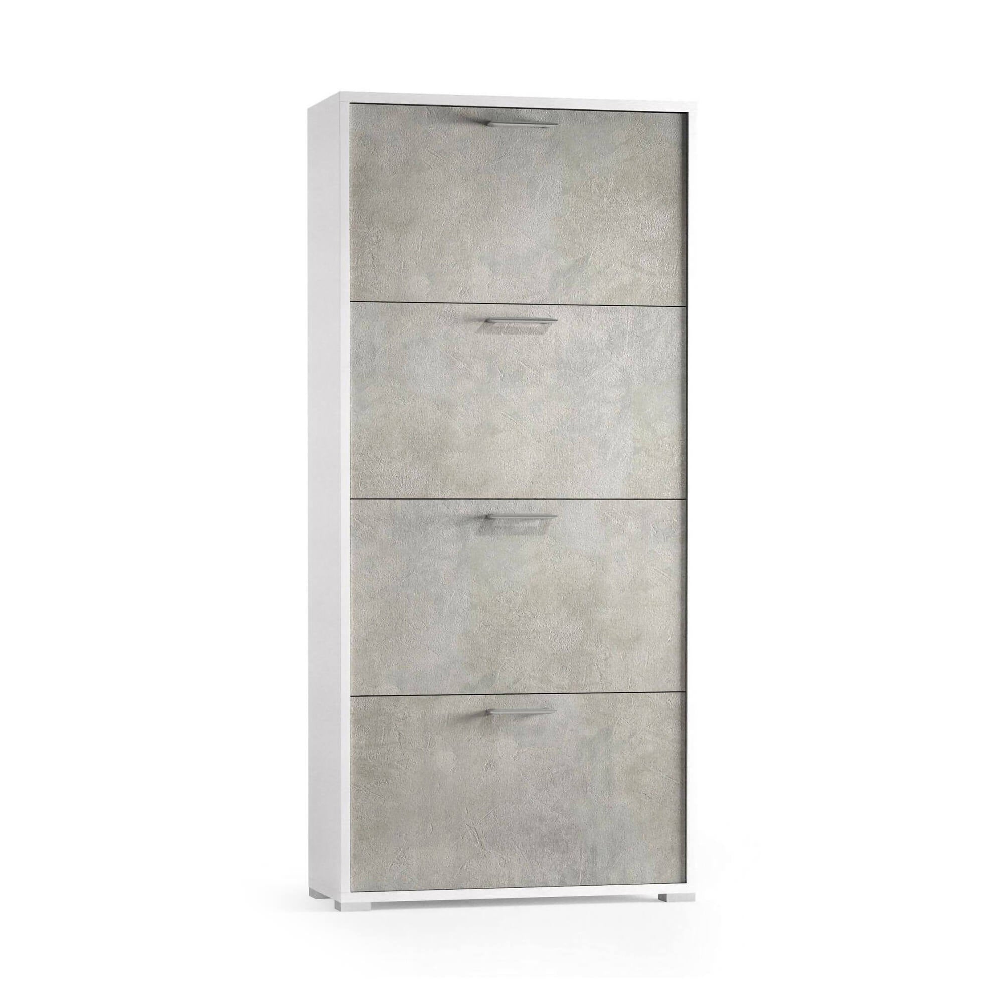 Scarpiera Rosa, Mobile multiuso da ingresso con 4 ante a ribalta, Armadietto portascarpe a doppia profondità, Made in Italy, Cm 67x28h147, Bianco e Cemento