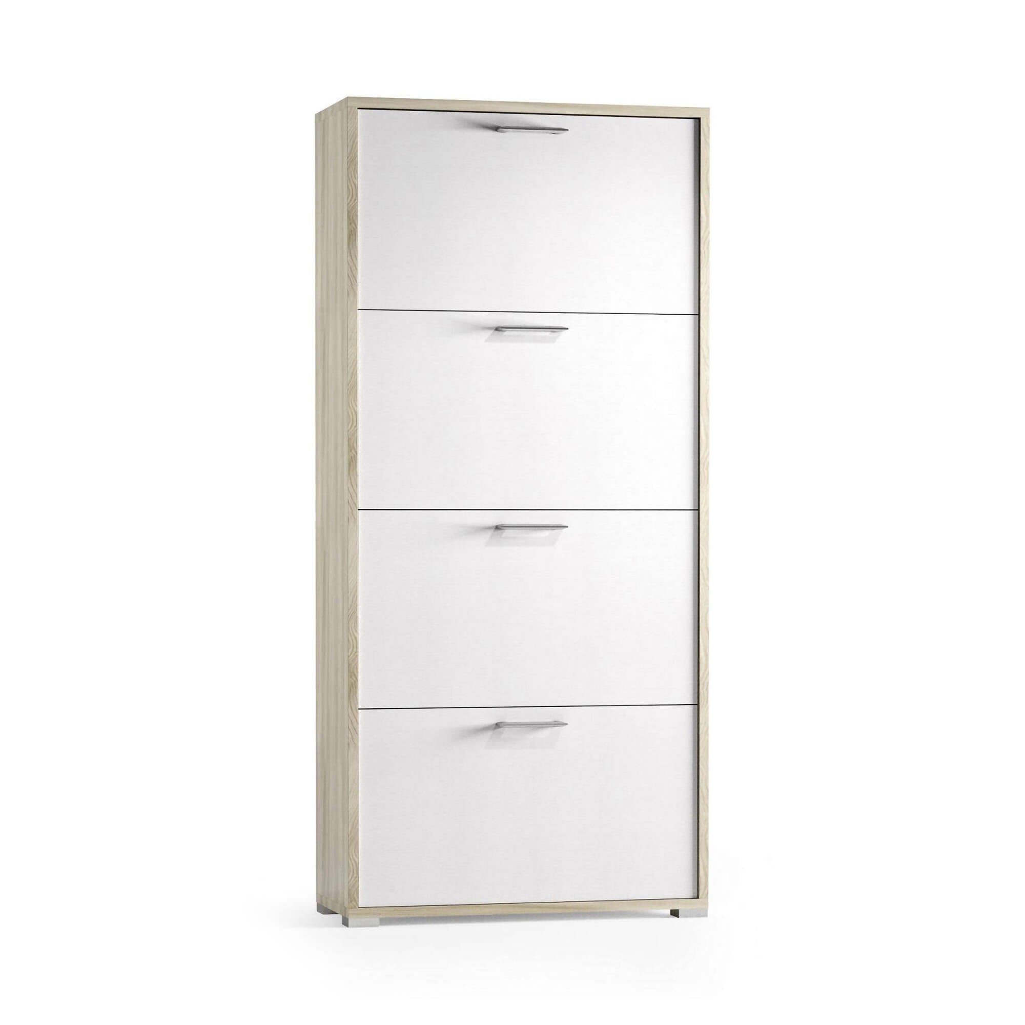 Scarpiera Rosa, Mobile multiuso da ingresso con 4 ante a ribalta, Armadietto portascarpe a doppia profondità, Made in Italy, Cm 67x28h147, Bianco e Olmo