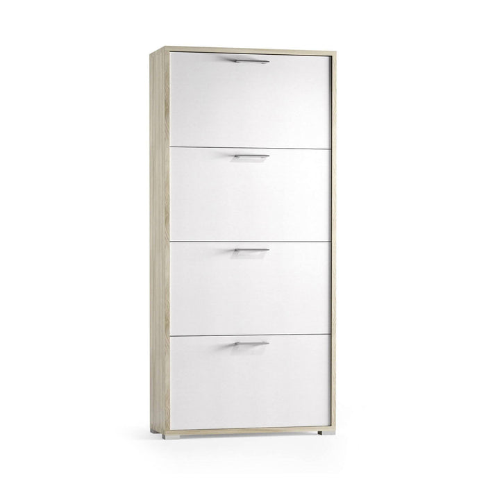 Scarpiera Rosa, Mobile multiuso da ingresso con 4 ante a ribalta, Armadietto portascarpe a doppia profondità, Made in Italy, Cm 67x28h147, Bianco e Olmo