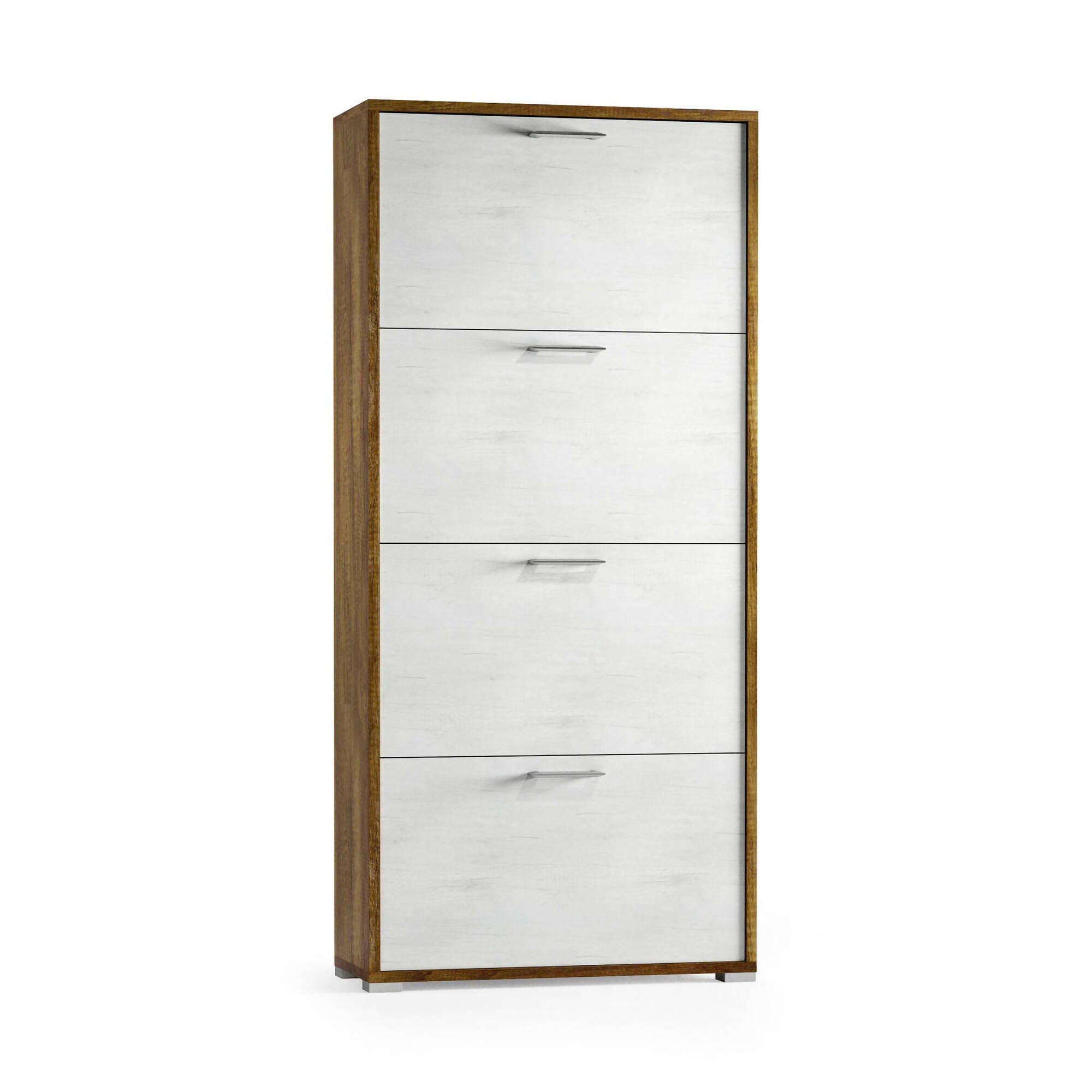 Scarpiera Rosa, Mobile multiuso da ingresso con 4 ante a ribalta, Armadietto portascarpe a doppia profondità, Made in Italy, Cm 67x28h147, Bianco e Rovere