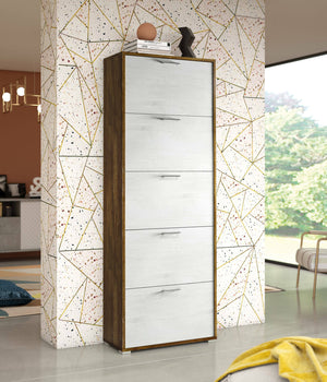 Scarpiera Surfinia, Mobile multiuso da ingresso con 5 ante a ribalta, Armadietto portascarpe a doppia profondità, Made in Italy, Cm 67x28h183, Bianco e Rovere