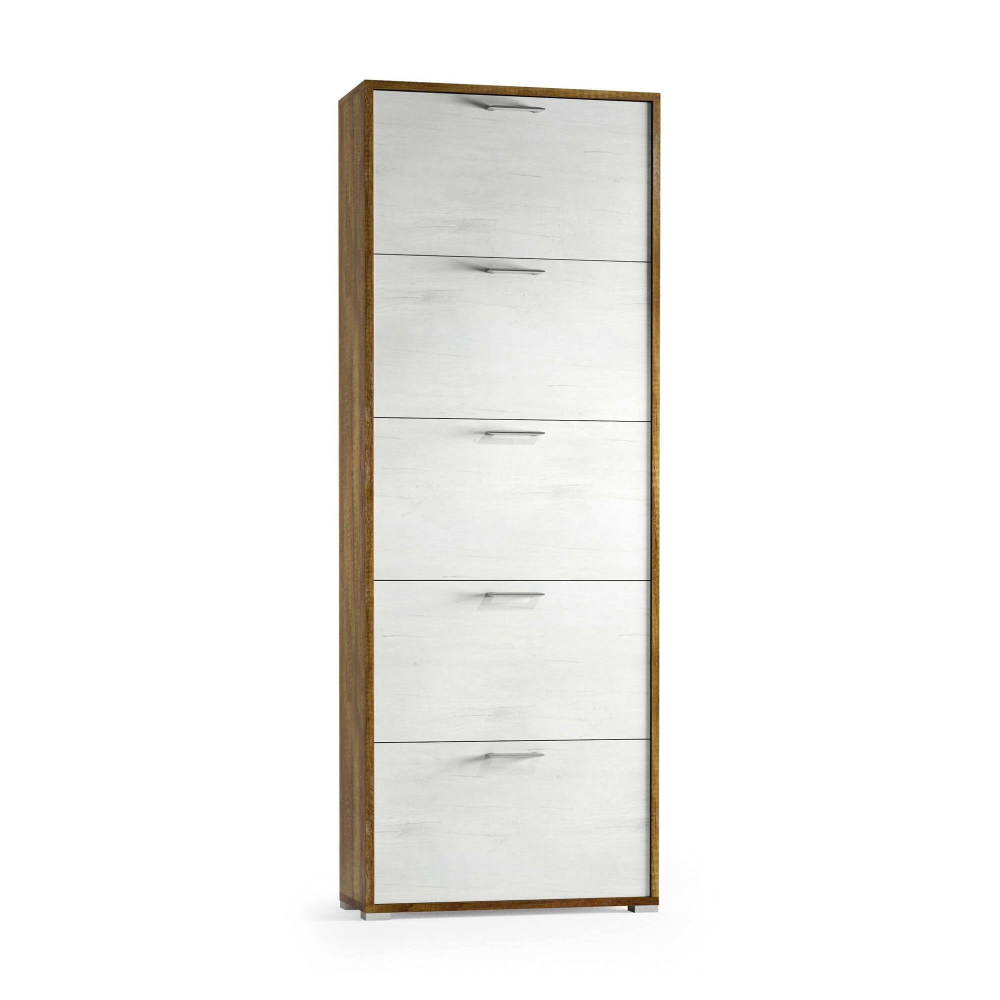 Scarpiera Surfinia, Mobile multiuso da ingresso con 5 ante a ribalta, Armadietto portascarpe a doppia profondità, Made in Italy, Cm 67x28h183, Bianco e Rovere