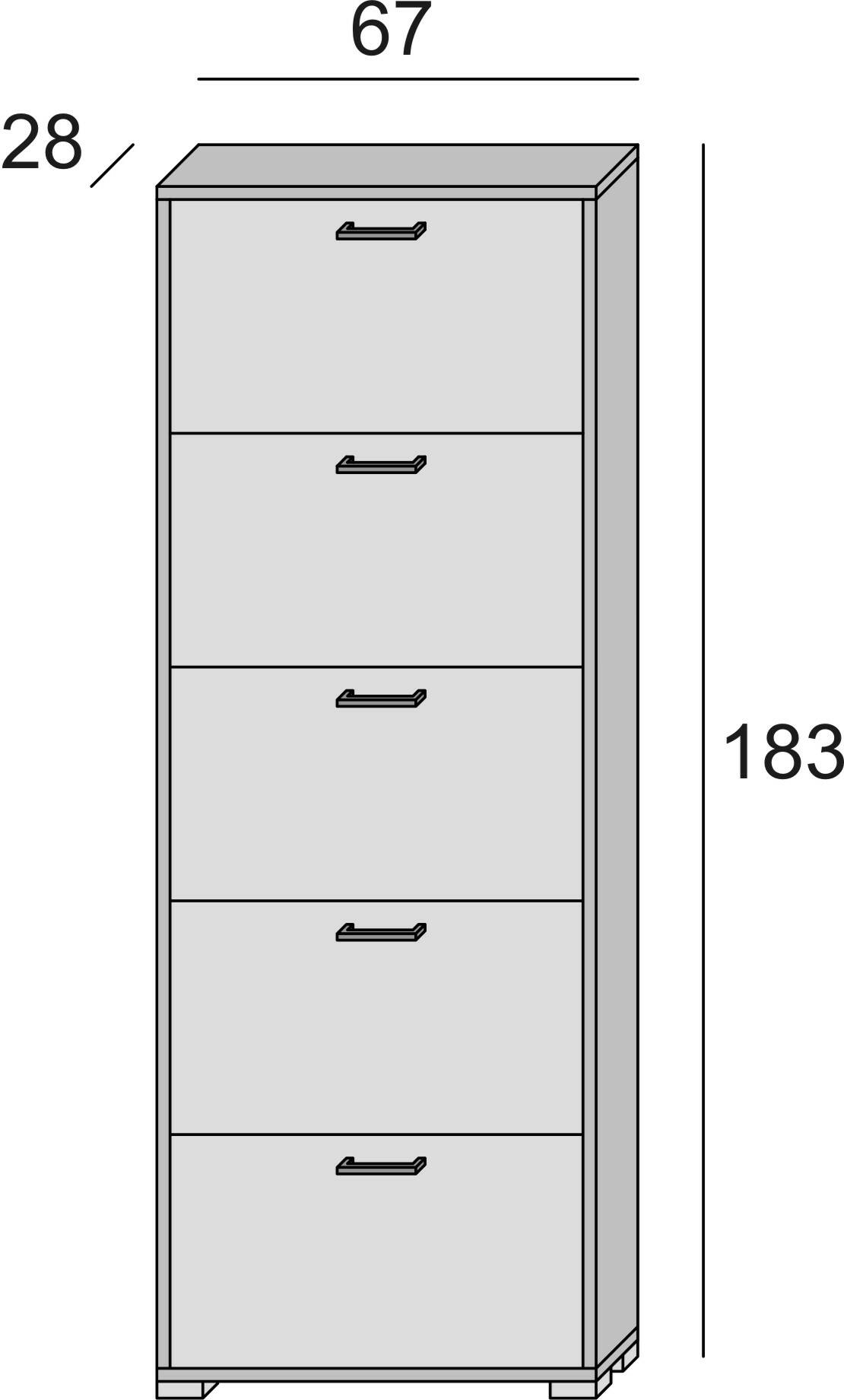 Scarpiera Surfinia, Mobile multiuso da ingresso con 5 ante a ribalta, Armadietto portascarpe a doppia profondità, Made in Italy, Cm 67x28h183, Bianco e Rovere