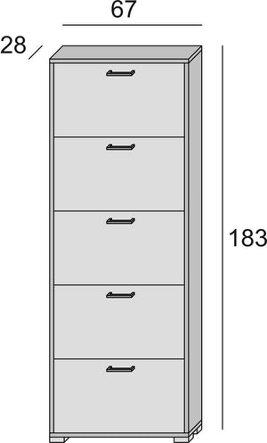 Scarpiera Surfinia, Mobile multiuso da ingresso con 5 ante a ribalta, Armadietto portascarpe a doppia profondità, Made in Italy, Cm 67x28h183, Bianco e Rovere