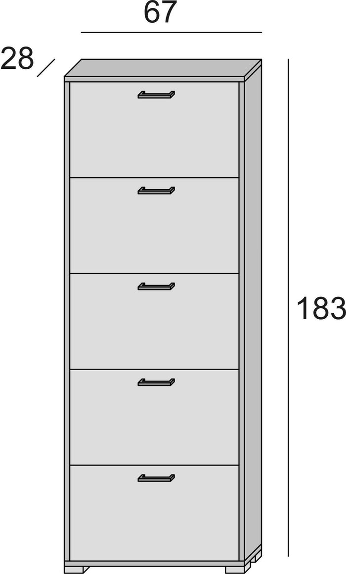 Scarpiera Surfinia, Mobile multiuso da ingresso con 5 ante a ribalta, Armadietto portascarpe a doppia profondità, Made in Italy, Cm 67x28h183, Larice