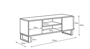 Mobile porta tv con 2 ante e 1 ripiano centrale, Credenza con piedini in metallo, Buffet da soggiorno in stile industrial, cm 155x40h49, colore Acero e Nero