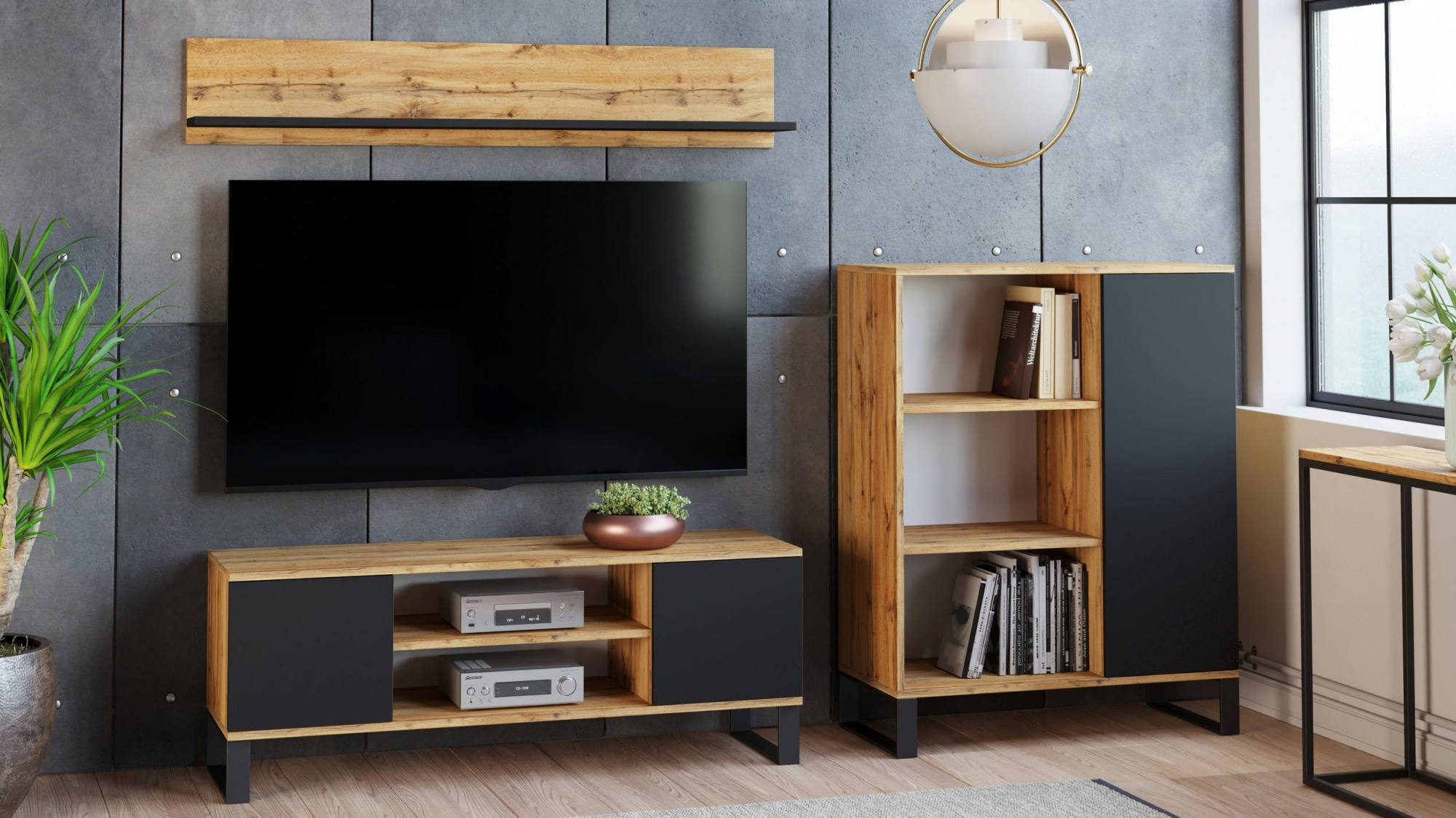 Mobile porta tv con 2 ante e 1 ripiano centrale, Credenza con piedini in metallo, Buffet da soggiorno in stile industrial, cm 155x40h49, colore Acero e Nero