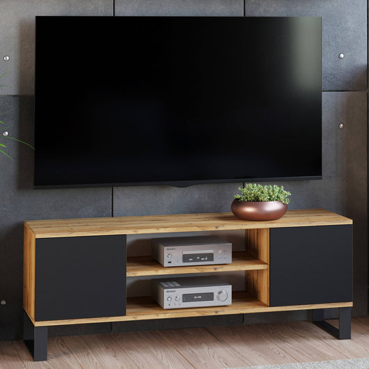 Mobile porta tv con 2 ante e 1 ripiano centrale, Credenza con piedini in metallo, Buffet da soggiorno in stile industrial, cm 155x40h49, colore Acero e Nero