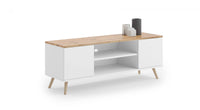 Mobile porta tv con 2 ante e 1 ripiano centrale, Credenza con piedini, Buffet da soggiorno in stile scandi, cm 155x40h49, colore Bianco e top color Acero