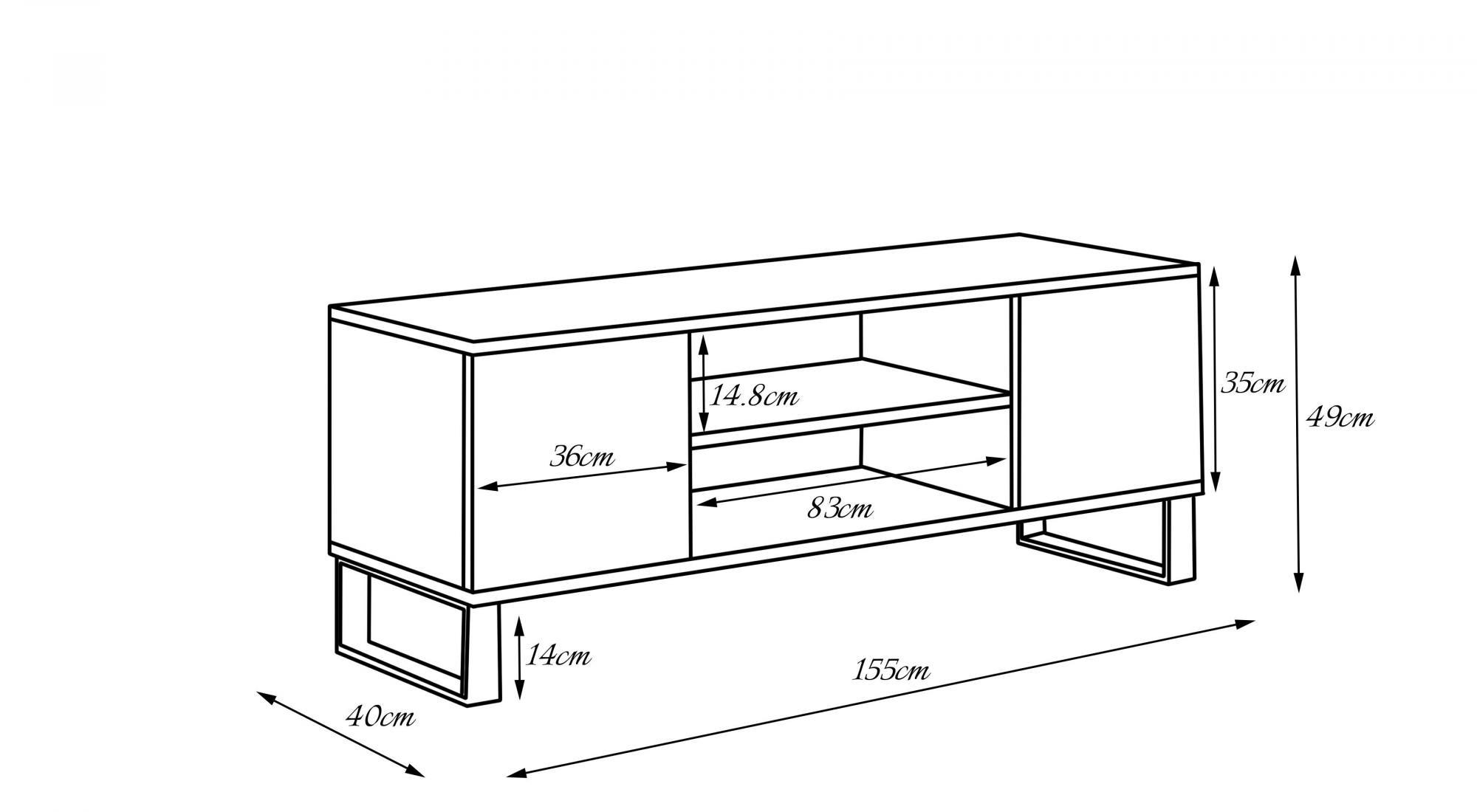 Mobile porta tv con 2 ante e 1 ripiano centrale, Credenza con piedini, Buffet da soggiorno in stile scandi, cm 155x40h49, colore Bianco e top color Acero