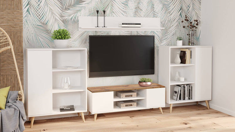 Mobile porta tv con 2 ante e 1 ripiano centrale, Credenza con piedini, Buffet da soggiorno in stile scandi, cm 155x40h49, colore Bianco e top color Acero