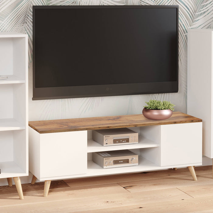 Mobile porta tv con 2 ante e 1 ripiano centrale, Credenza con piedini, Buffet da soggiorno in stile scandi, cm 155x40h49, colore Bianco e top color Acero