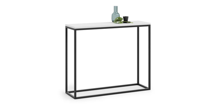 Tavolo alto da cucina, Tavolo ausiliario con gambe in metallo, Consolle rettangolare da bar stile idustrial, cm 100x30h80, colore Bianco opaco