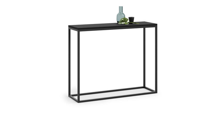 Tavolo alto da cucina, Tavolo ausiliario con gambe in metallo, Consolle rettangolare da bar stile idustrial, cm 100x30h80, colore Nero