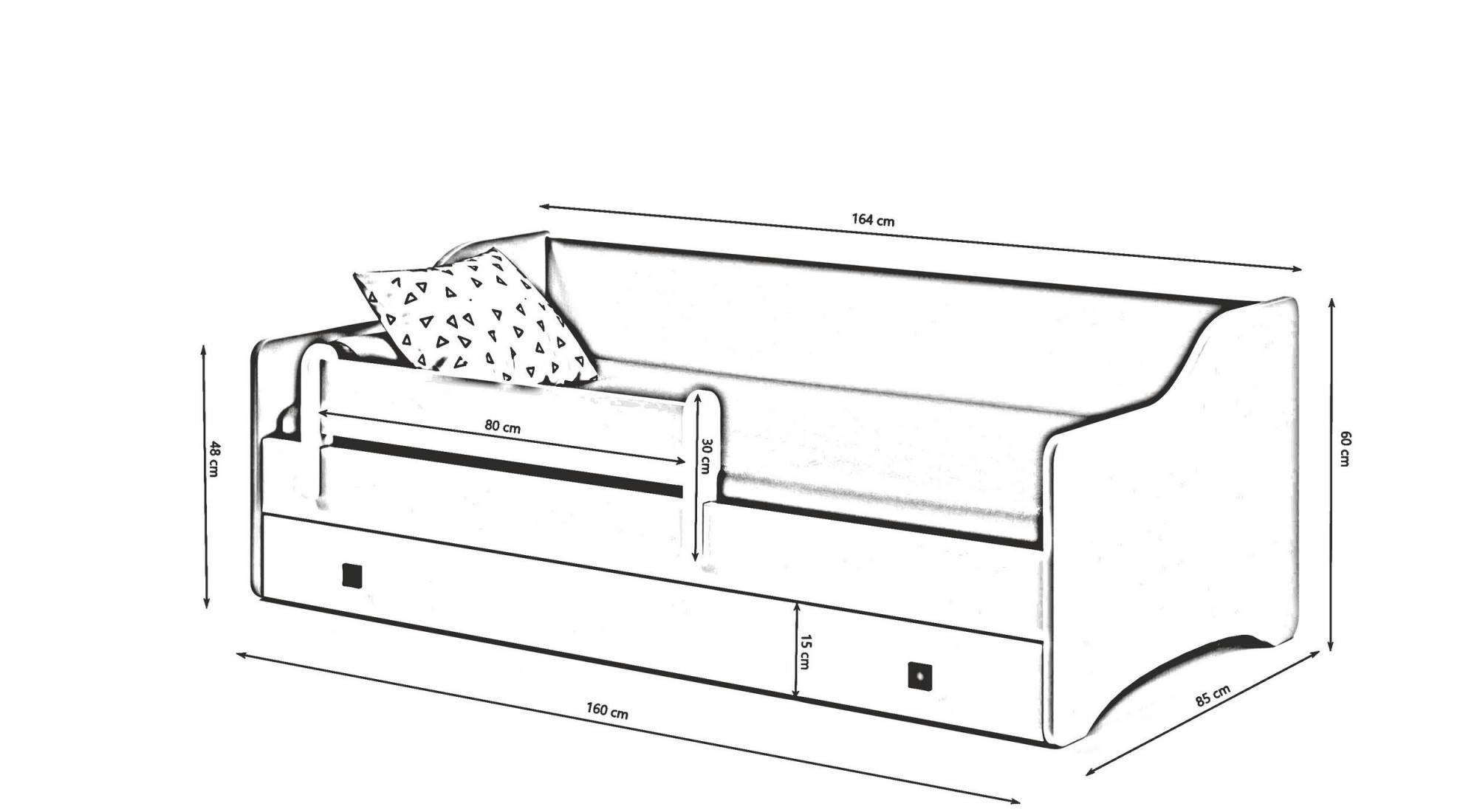 Letto singolo per bambini, Lettino con protezione anticaduta per cameretta, cm 164x85h60, colore Bianco e Nero