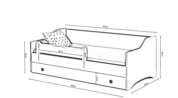 Letto singolo per bambini, Lettino con protezione anticaduta per cameretta, cm 164x85h60, colore Bianco e Nero