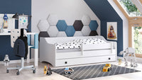 Letto singolo per bambini, Lettino con protezione anticaduta per cameretta, cm 164x85h60, colore Bianco e Nero