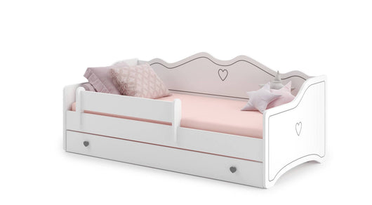 Letto singolo per bambini decorato, Lettino decorato con protezione anticaduta per cameretta, cm 164x85h70, colore Bianco e Grigio