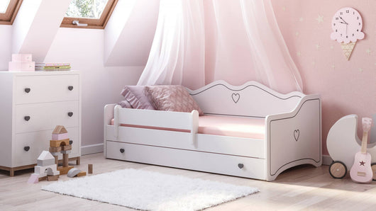 Letto singolo per bambini decorato, Lettino decorato con protezione anticaduta per cameretta, cm 164x85h70, colore Bianco e Grigio