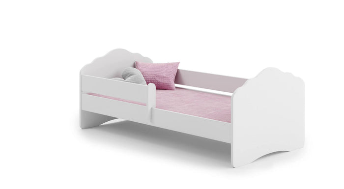 Letto singolo per bambini, Lettino per cameretta, Letto con protezione anticaduta e testiera a "nuvola", cm 144x78h58, colore Bianco