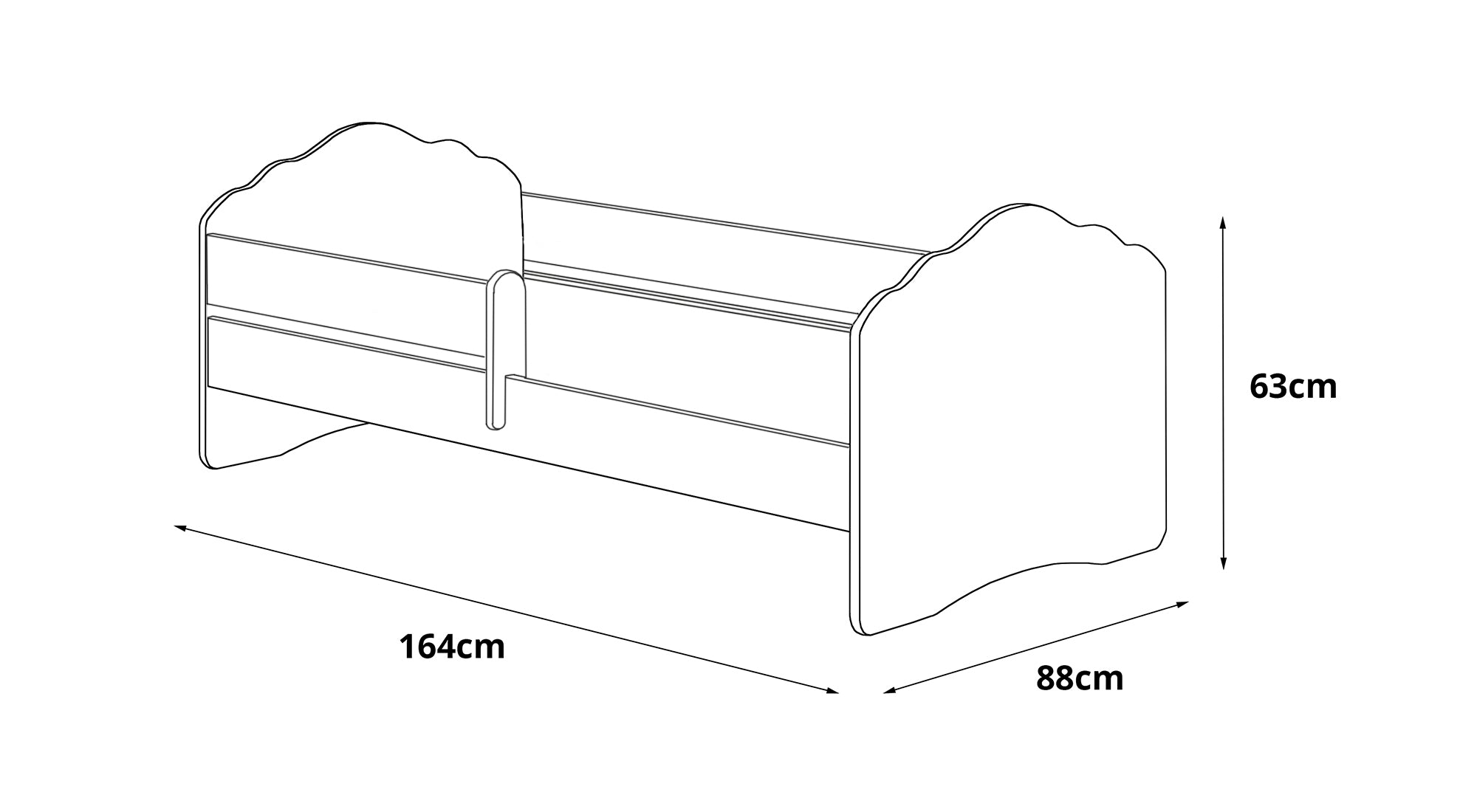 Letto singolo per bambini, Lettino per cameretta, Letto con protezione anticaduta e testiera a "nuvola", cm 164x88h63, colore Bianco