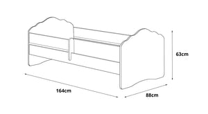 Letto singolo per bambini, Lettino per cameretta, Letto con protezione anticaduta e testiera a "nuvola", cm 164x88h63, colore Bianco