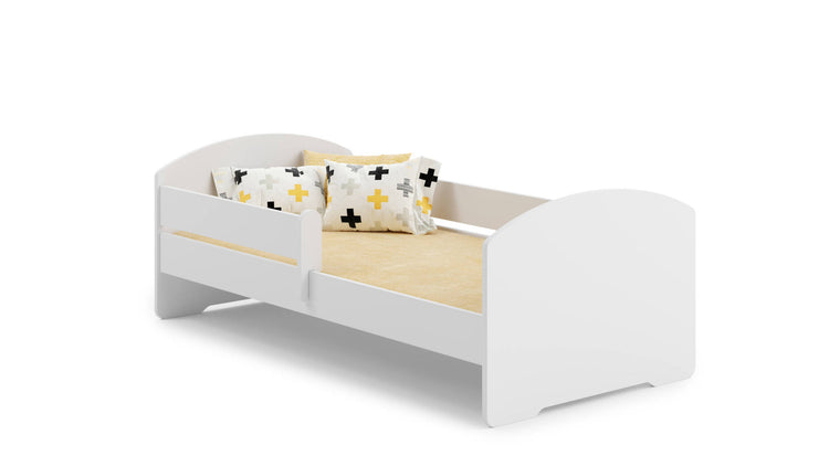 Letto singolo per bambini, Lettino per cameretta, Letto con protezione anticaduta, con testiera tonda, cm 144x78h58, colore Bianco