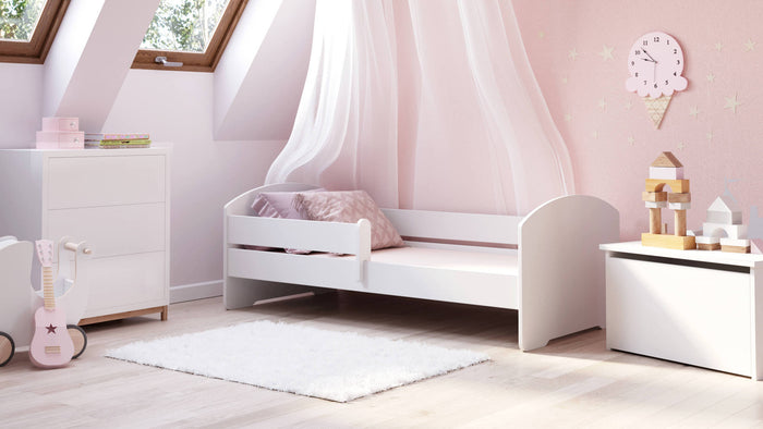 Letto singolo per bambini, Lettino per cameretta, Letto con protezione anticaduta, con testiera tonda, cm 144x78h58, colore Bianco