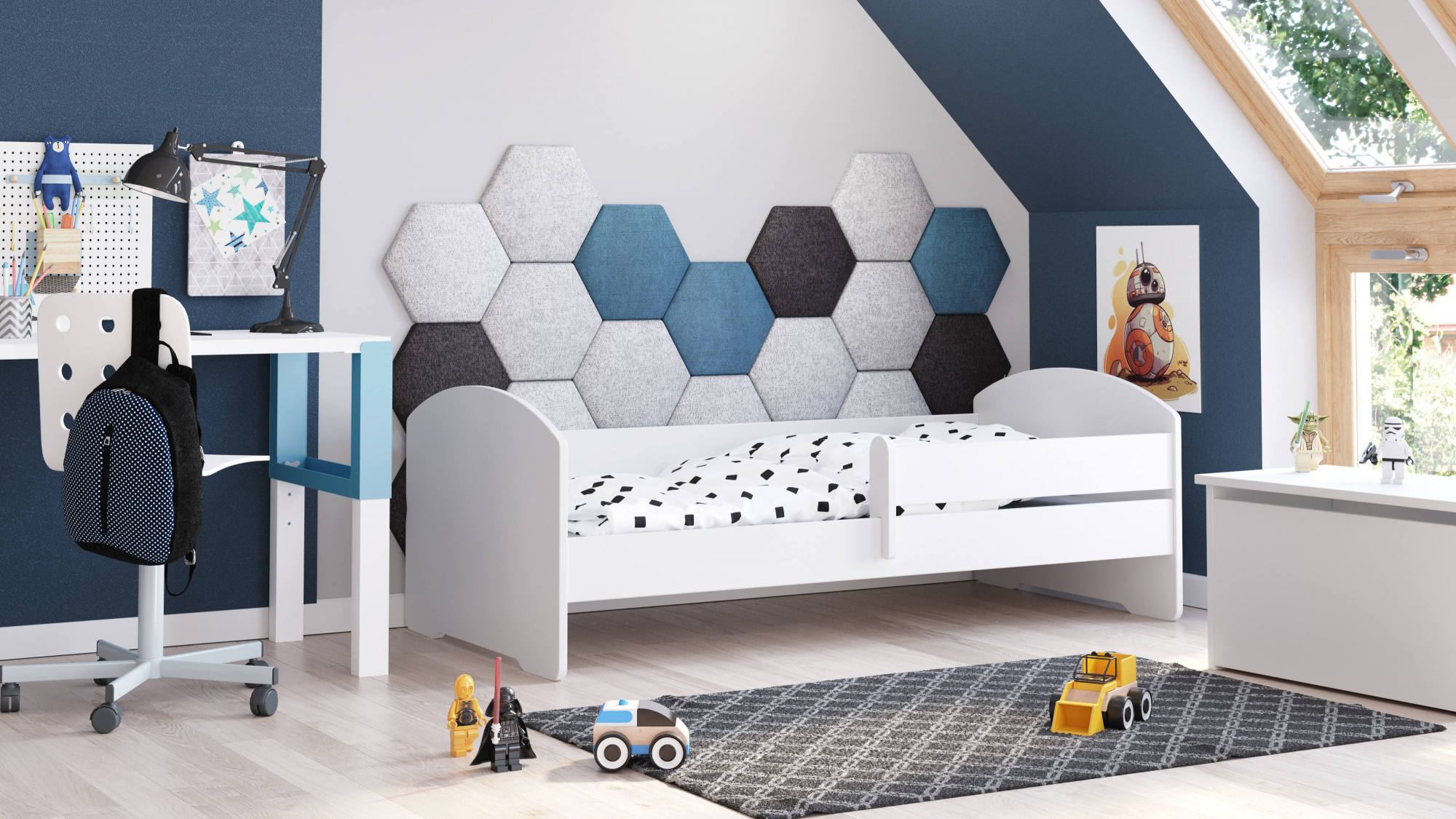 Letto singolo per bambini, Lettino per cameretta, Letto con protezione anticaduta, con testiera tonda, cm 144x78h58, colore Bianco