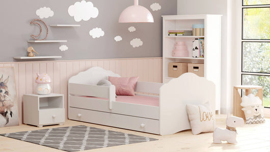 Letto singolo per bambini, Lettino con cassettone e protezione anticaduta e testiera a "nuvola", cm 144x78h58, colore Bianco