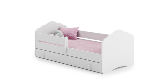 Letto singolo per bambini, Lettino con cassettone e protezione anticaduta e testiera a "nuvola", cm 144x78h58, colore Bianco