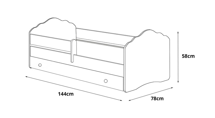 Letto singolo per bambini, Lettino con cassettone e protezione anticaduta e testiera a "nuvola", cm 144x78h58, colore Bianco