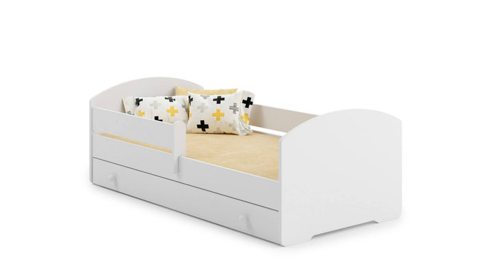 Letto singolo per bambini, Lettino con cassettone e protezione anticaduta, con testiera tonda, cm 144x78h58, colore Bianco