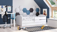 Letto singolo per bambini, Lettino con cassettone e protezione anticaduta, con testiera tonda, cm 144x78h58, colore Bianco