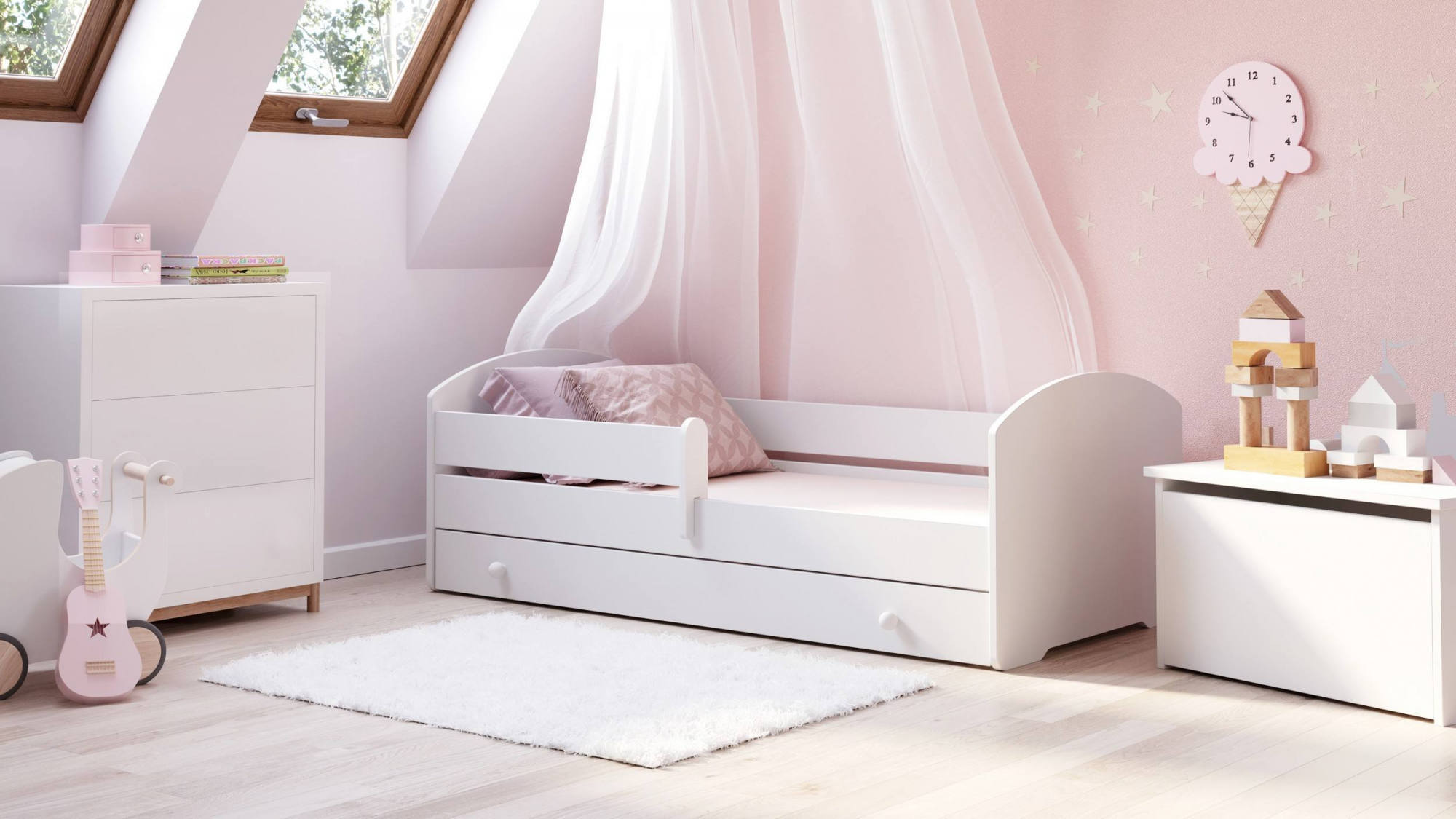 Letto singolo per bambini, Lettino con cassettone e protezione anticaduta, con testiera tonda, cm 144x78h58, colore Bianco