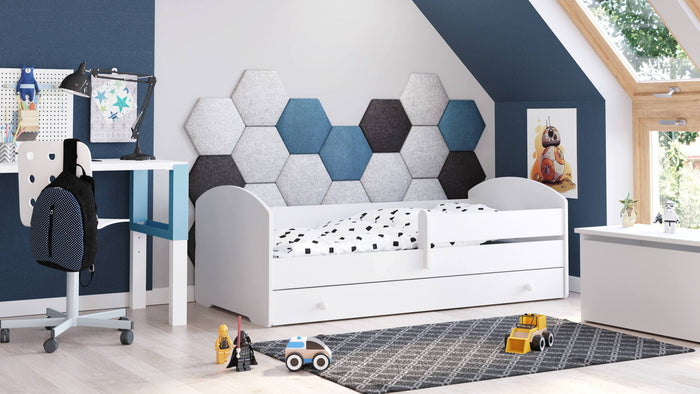 Letto singolo per bambini, Lettino con protezione anticaduta, con testiera tonda, cm 164x88h63, colore Bianco