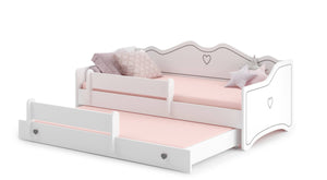 Letto singolo per bambini, Divano letto con secondo lettino estraibile, Lettino con decorazione e protezione anticaduta, cm 164x88h70, colore Bianco e Grigio