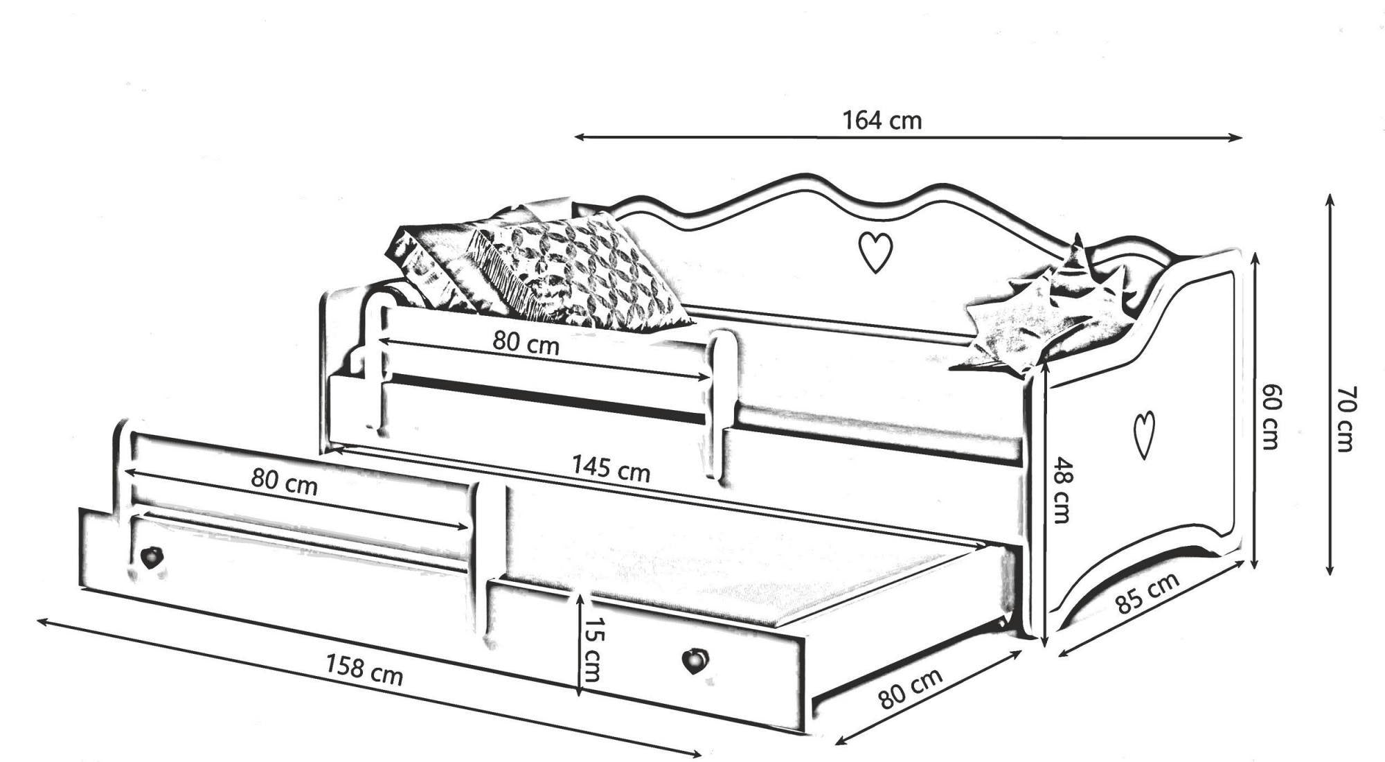 Letto singolo per bambini, Divano letto con secondo lettino estraibile, Lettino con decorazione e protezione anticaduta, cm 164x88h70, colore Bianco e Grigio