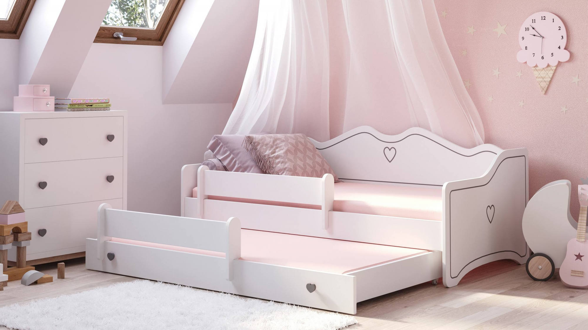 Letto singolo per bambini, Divano letto con secondo lettino estraibile, Lettino con decorazione e protezione anticaduta, cm 164x88h70, colore Bianco e Grigio