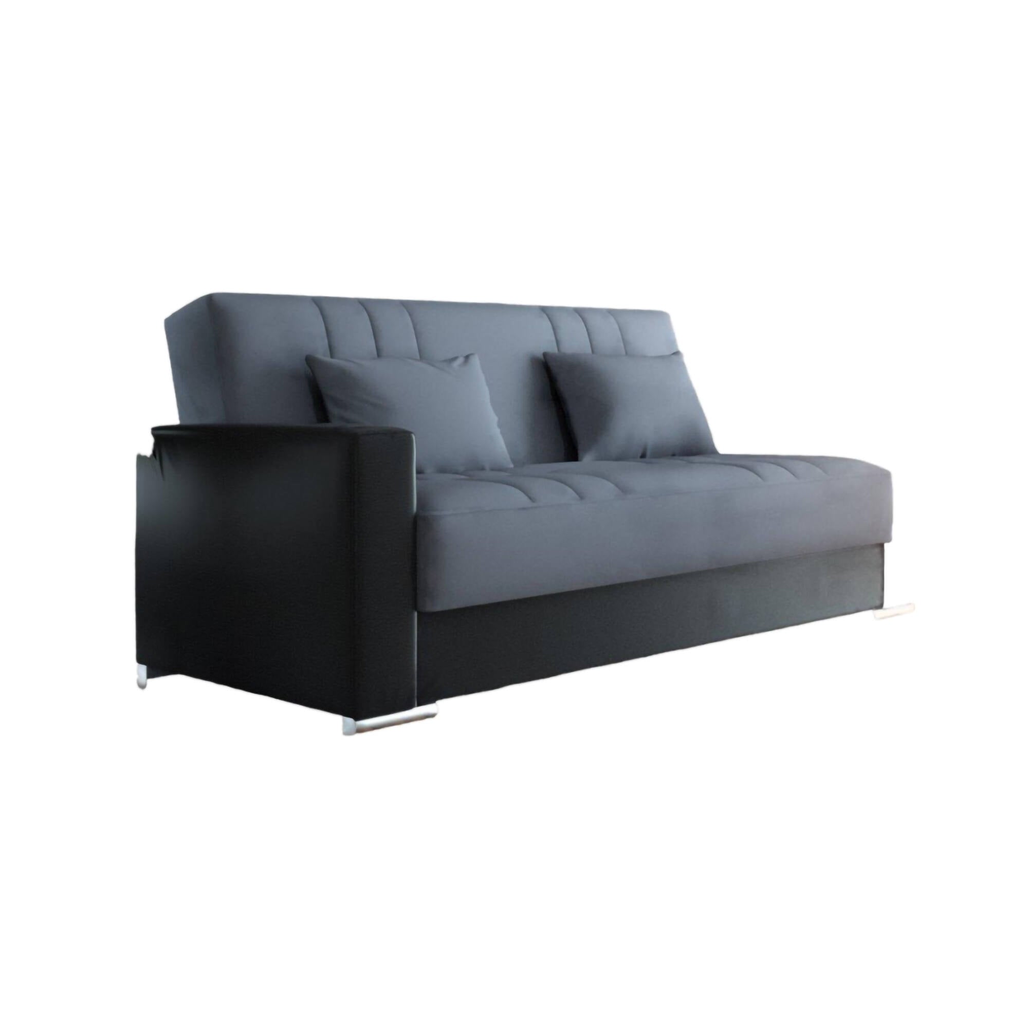 Divano letto Sergio, Divano letto contenitore a 3 posti in ecopelle e tessuto, Sofà da soggiorno con apertura click-clack e 2 cuscini inclusi, Cm 230 x96h101, Nero e Grigio