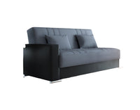 Divano letto Sergio, Divano letto contenitore a 3 posti in ecopelle e tessuto, Sofà da soggiorno con apertura click-clack e 2 cuscini inclusi, Cm 230 x96h101, Nero e Grigio