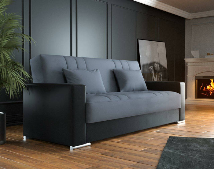 Divano letto Sergio, Divano letto contenitore a 3 posti in ecopelle e tessuto, Sofà da soggiorno con apertura click-clack e 2 cuscini inclusi, Cm 230 x96h101, Nero e Grigio