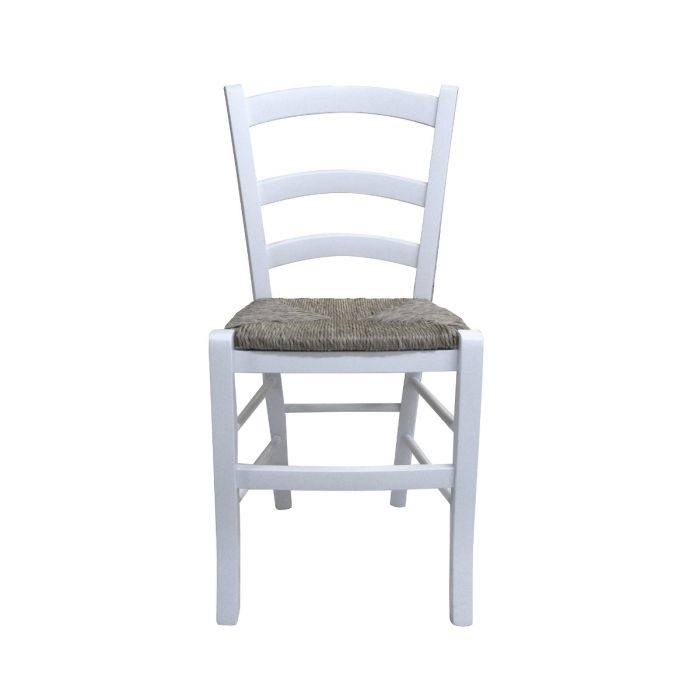 Sedia Coslada, Set di 2 Sedie classiche in legno color Bianco, Ideale per sala da pranzo, cucina o salotto, cm 46x42h87, con fondello in Paglia