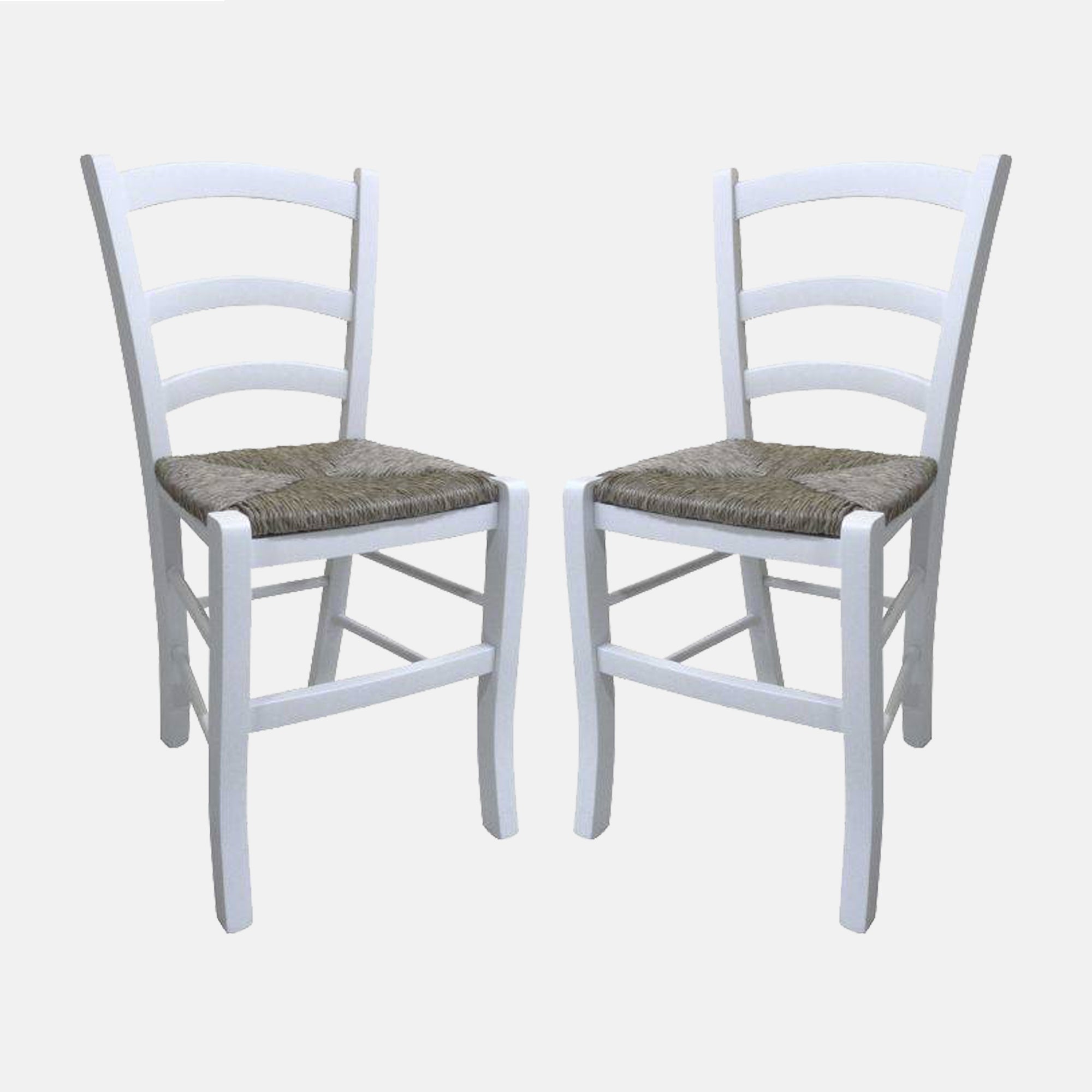 Sedia Coslada, Set di 2 Sedie classiche in legno color Bianco, Ideale per sala da pranzo, cucina o salotto, cm 46x42h87, con fondello in Paglia