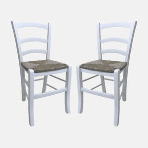 Sedia Coslada, Set di 2 Sedie classiche in legno color Bianco, Ideale per sala da pranzo, cucina o salotto, cm 46x42h87, con fondello in Paglia