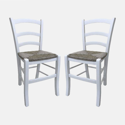 Sedia Coslada, Set di 2 Sedie classiche in legno color Bianco, Ideale per sala da pranzo, cucina o salotto, cm 46x42h87, con fondello in Paglia