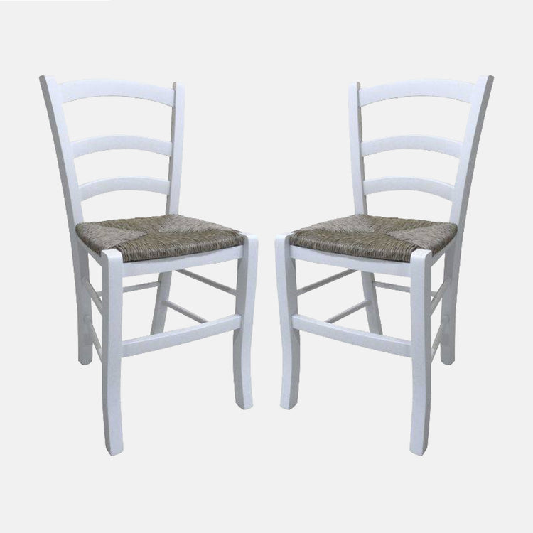 Sedia Coslada, Set di 2 Sedie classiche in legno color Bianco, Ideale per sala da pranzo, cucina o salotto, cm 46x42h87, con fondello in Paglia